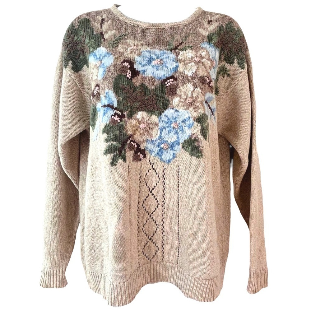 JANTZEN Vtg 90s Hand Embroidered 3D Knit Floral Cottagecore Sweater Size M